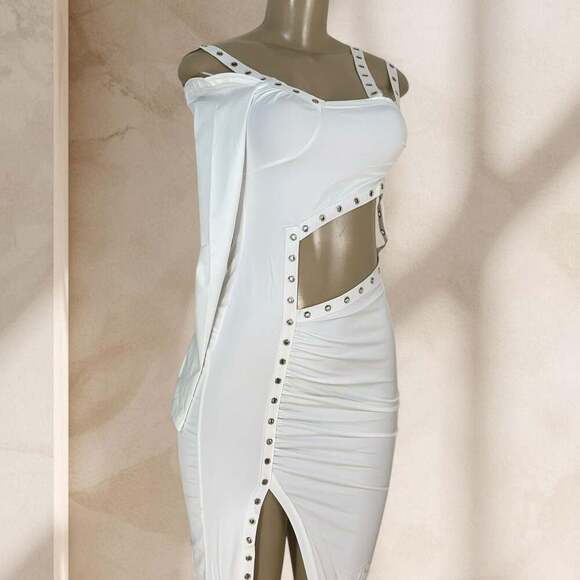 Suviafashion Dresses & Skirts - White Cutout Midi Dress – One Sleeve Bodycon Stud Detail Side Slit Sexy ✧ M